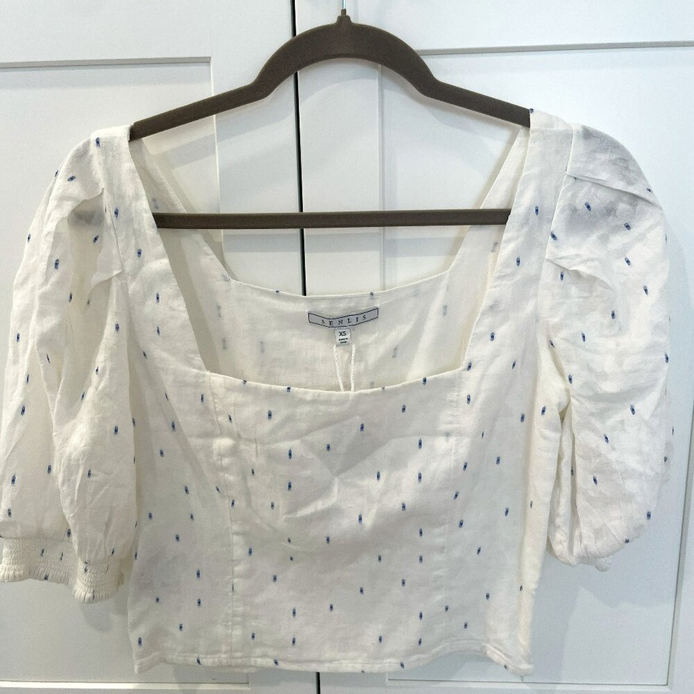 Senlis | White Floral Blue Dot Top - NWT
